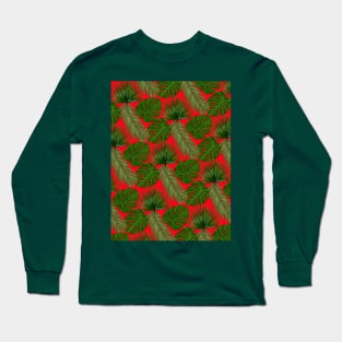 Tropical Leaf Scatter Pattern on Red Long Sleeve T-Shirt